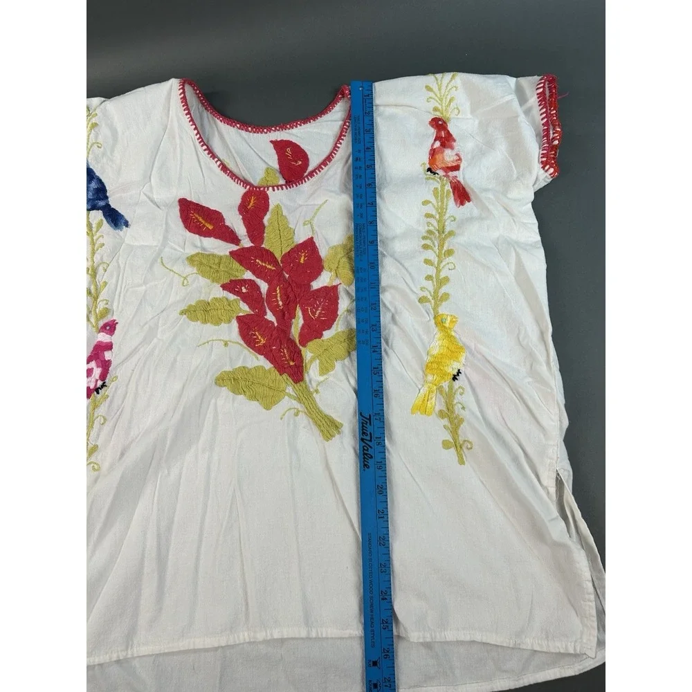 Hand Embroidered Mexican Bird Floral Tunic Blouse White Cotton Boho Folk Est Lg